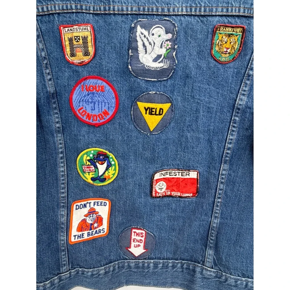 Vintage Denim Trucker Jacket Custom Mens Medium Patchwork One of a Kind - Picture 6 of 11